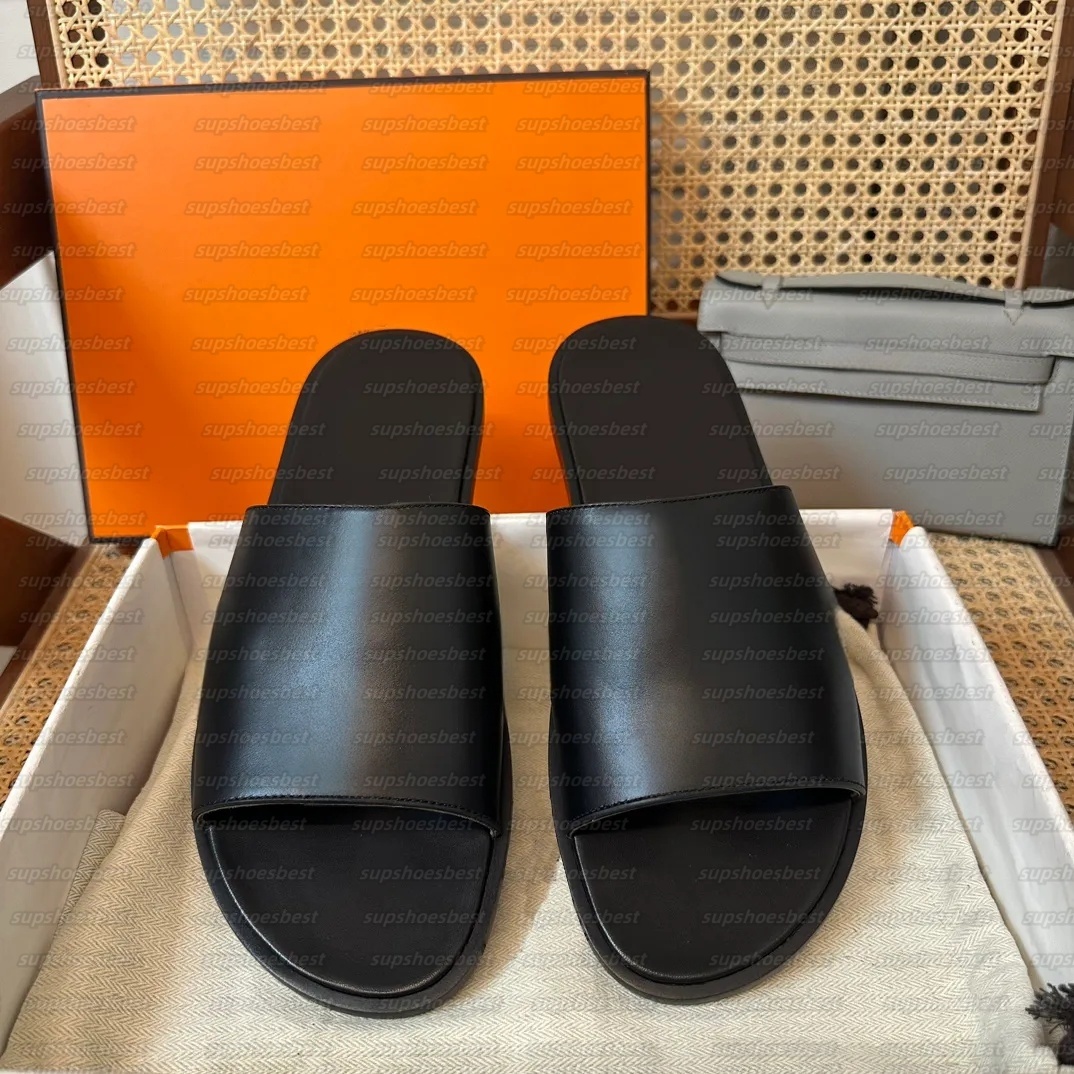 Men Slippers Flats Designer Real Leather Sandals With Box Summer Flip Flop Heritage Calfskin Sandal For Man Woman Lazy Large Beach Casual Slipper Slides Shoes Men