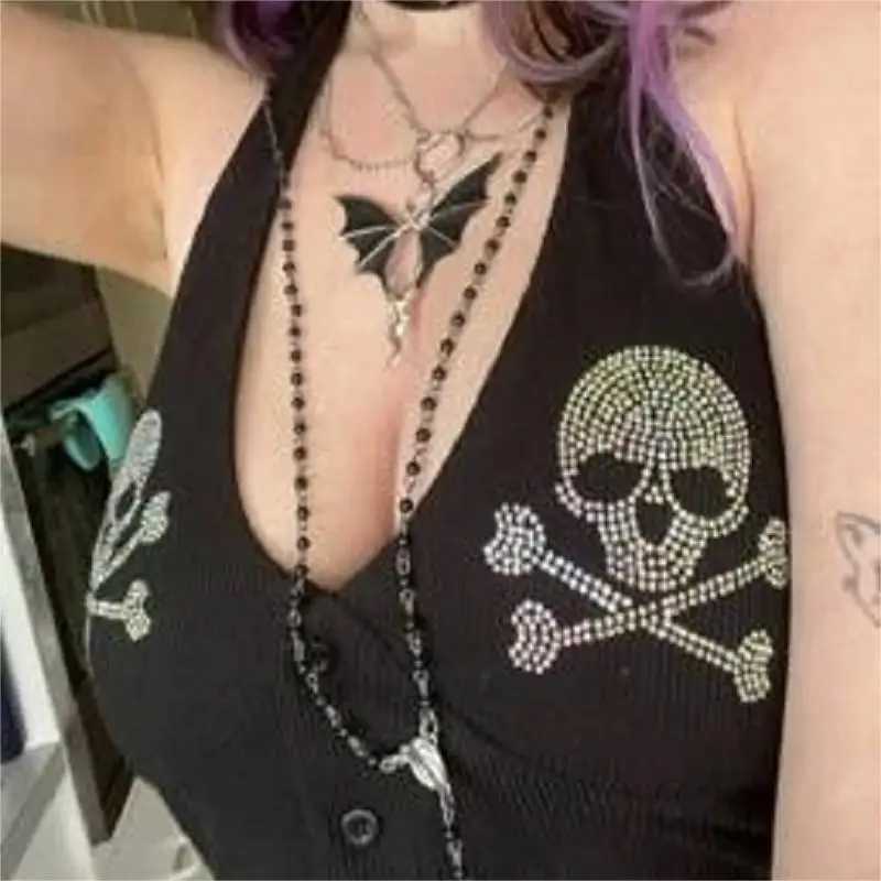 Gothic Emo Girl Camisol Top Aesthetic Skull Rhinestone Printed Folded Crop Top Y2k Retro Punk Womens Tight corset Tank TopXJ250508