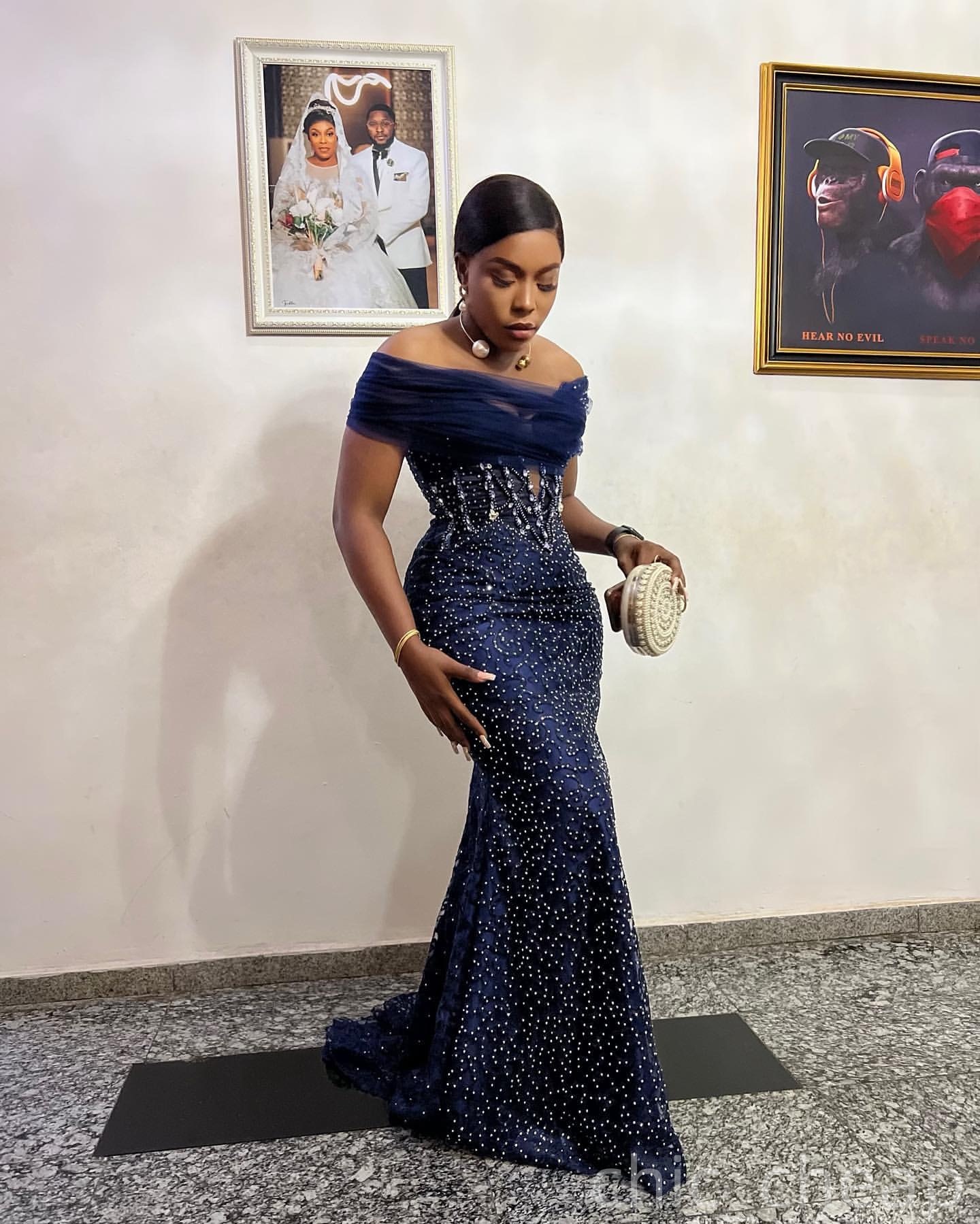 Navy Blue Mermaid Plus Size Prom Dresses 2025 Portrait Sequined Crystals Evening Formal Party Second Birthday Engagement Gowns Dress For Special Occas