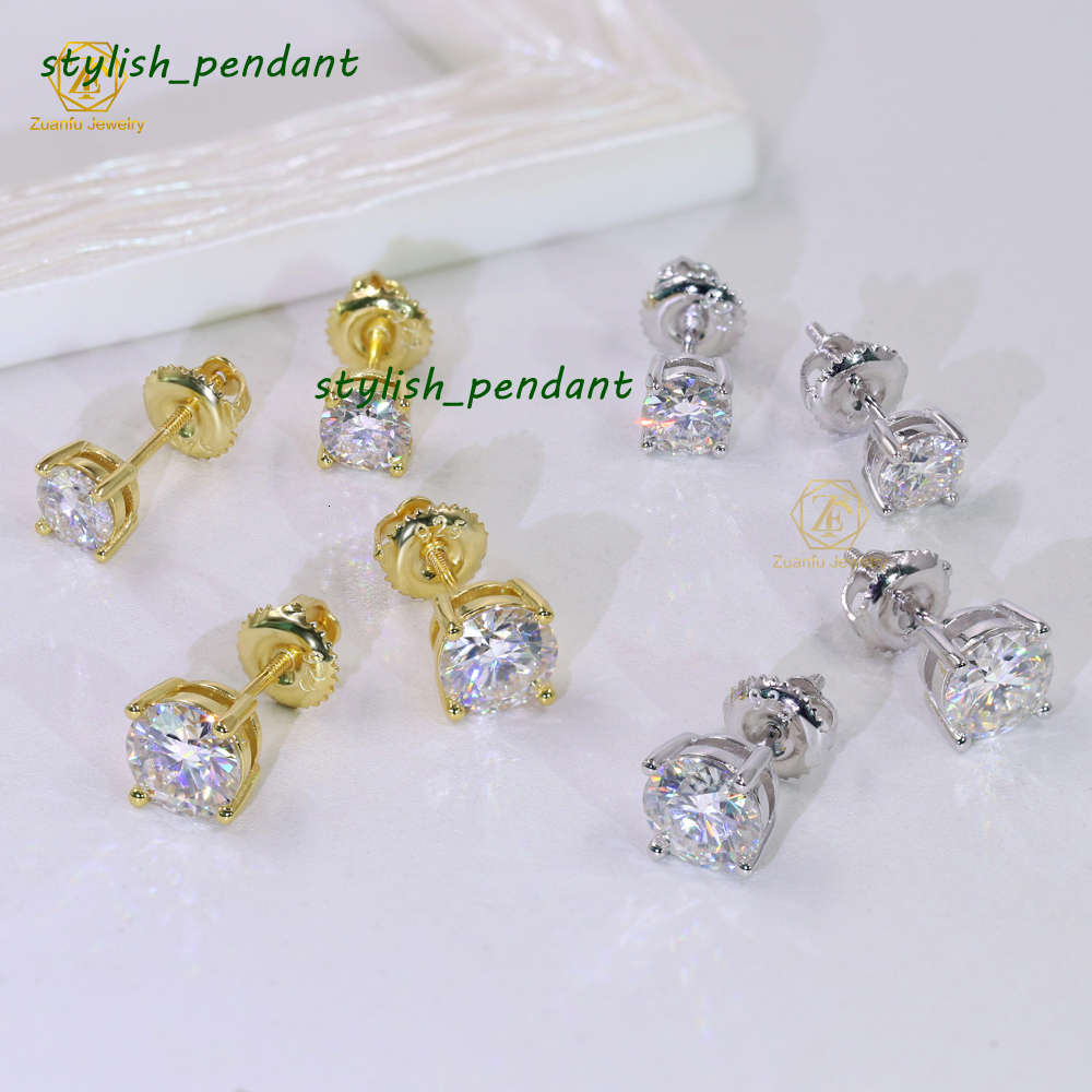 5mm 6.5mm 0.5CT 1CT D VVS Moissanite 4 Claws White Yellow K Gold Plated 925 Sterling Silver Screw Back Stud Earrings with GRA