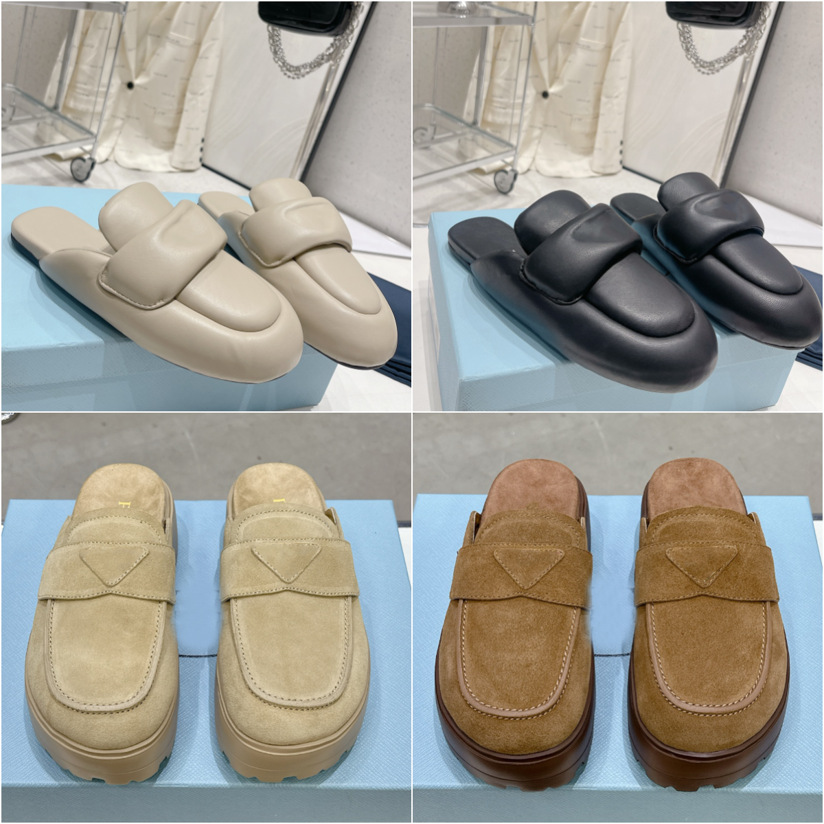 designer Shoes luxury Soft Padded Nappa leather fur Mules fashion Women Triangle mark Daily Outfit Baotou slippers luxury Suede Flatform mules Size 35-41