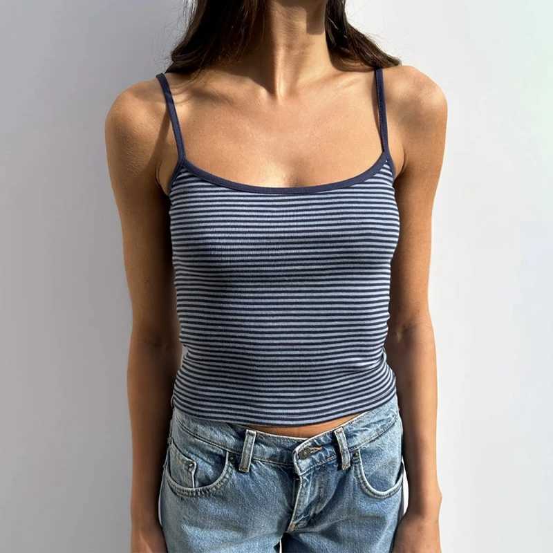 Y2k striped vest womens backless square neckline crop top sleeveless spaghetti strap vest retro vestXJ250508