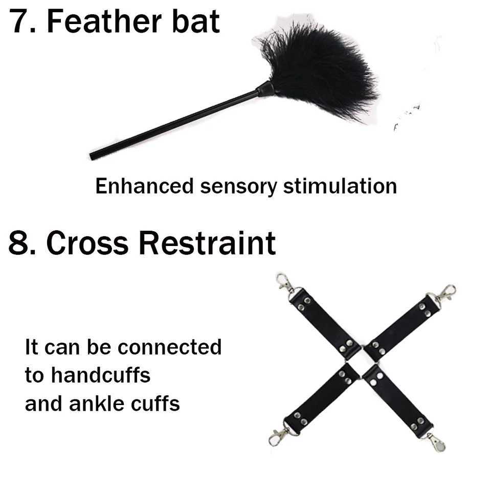 BDSM Bondage Restraint Kit 10 Pieces Leather Handcuffs Ankle Cuffs Collar Whip Ball Gag Blindfold Nipple Clamps Rope for Couples W250509