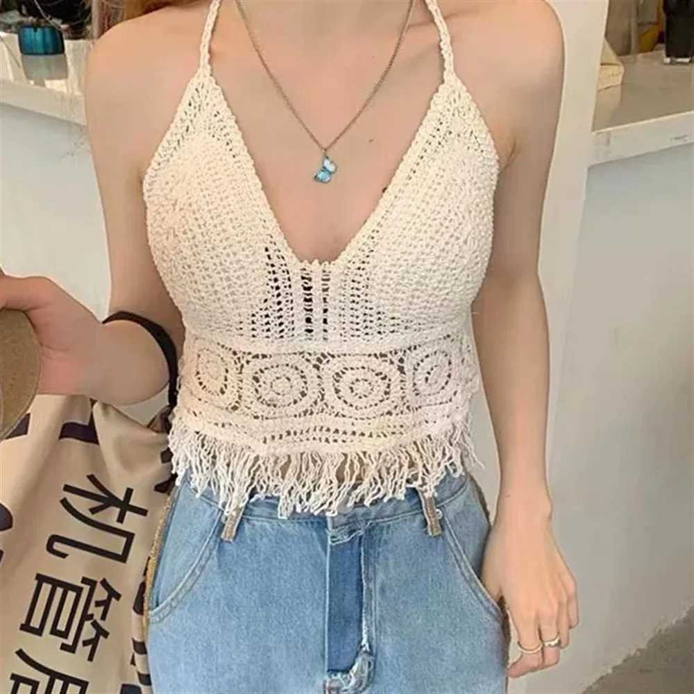 Sexy Bohemian Beach Holiday Vest Strap Womens Crochet Knitted Swimsuit Backless Vest Hollow Tassel Vest Womens TopXJ250508