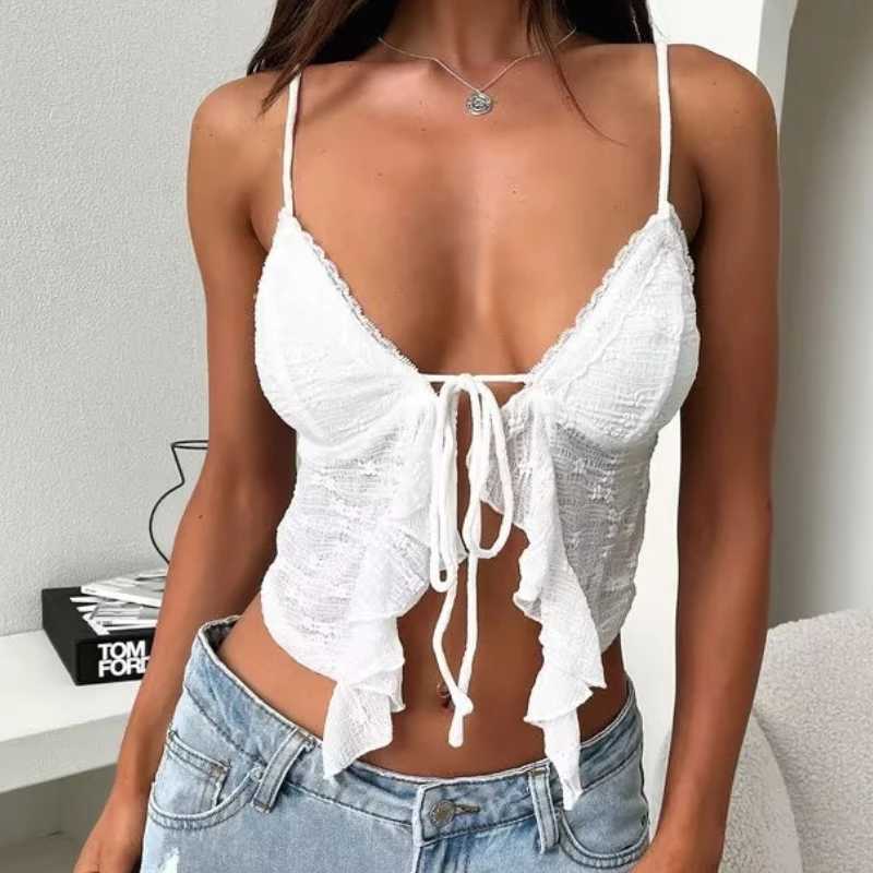 Spaghetti shoulder strap vest womens crop tie front Camisol casual summer lace decoration Camis top sleeveless T-shirtXJ250508