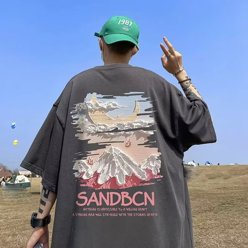 Men's T-Shirts Summer new short-sleeved loose T-shirt for men, trendy brand leisure half-sleeve trend t-shirt, basic shirt with five-eighths slee