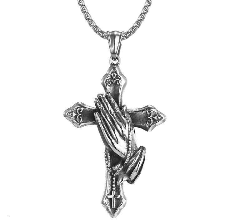 Stainless Steel Cross Necklace with Praying Hands Pendant Chain Retro Style for Men
