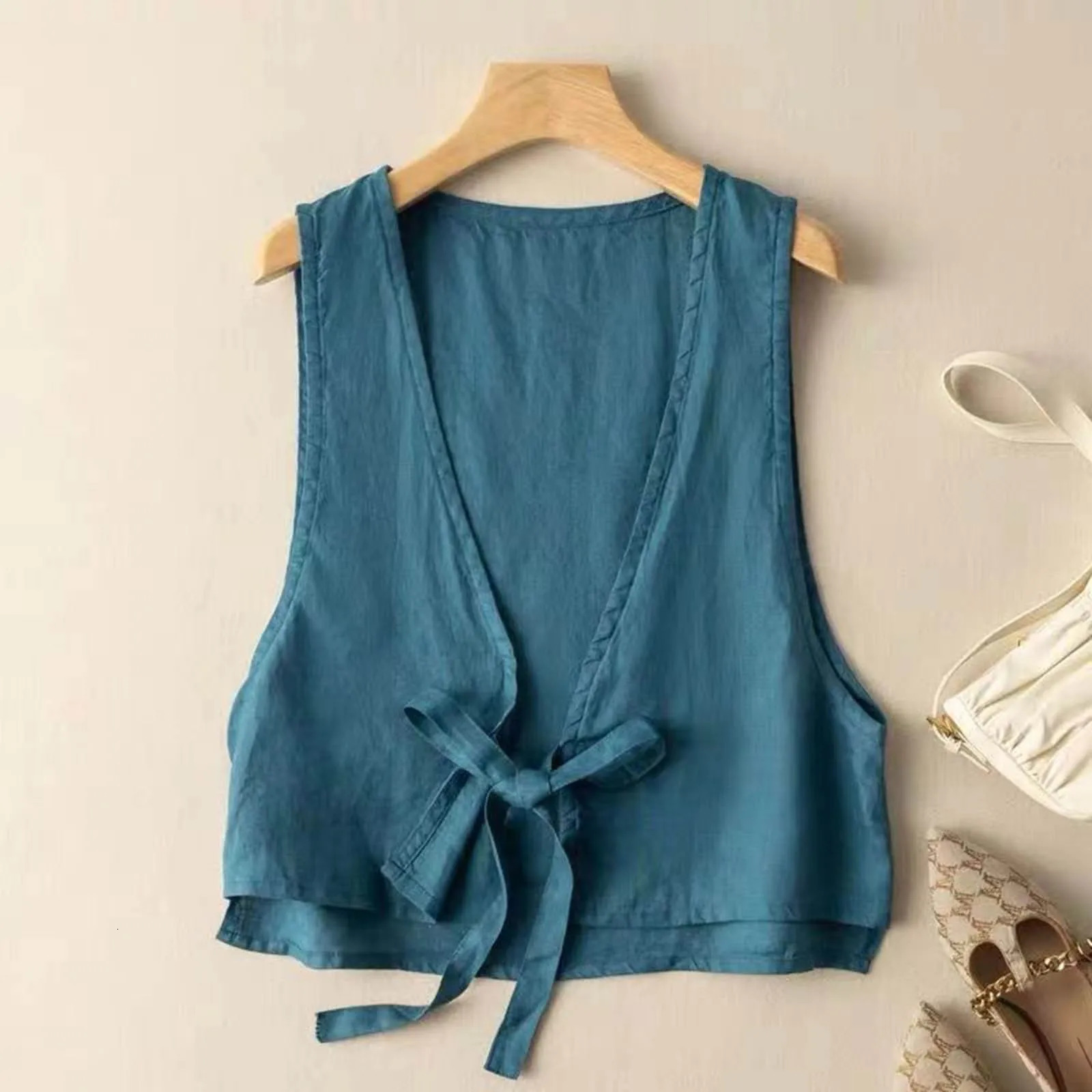 Womens cotton linen vest with open collar casual loose Vneck sleeveless jacket summer lace up solid waist womens elegant top 250430Z