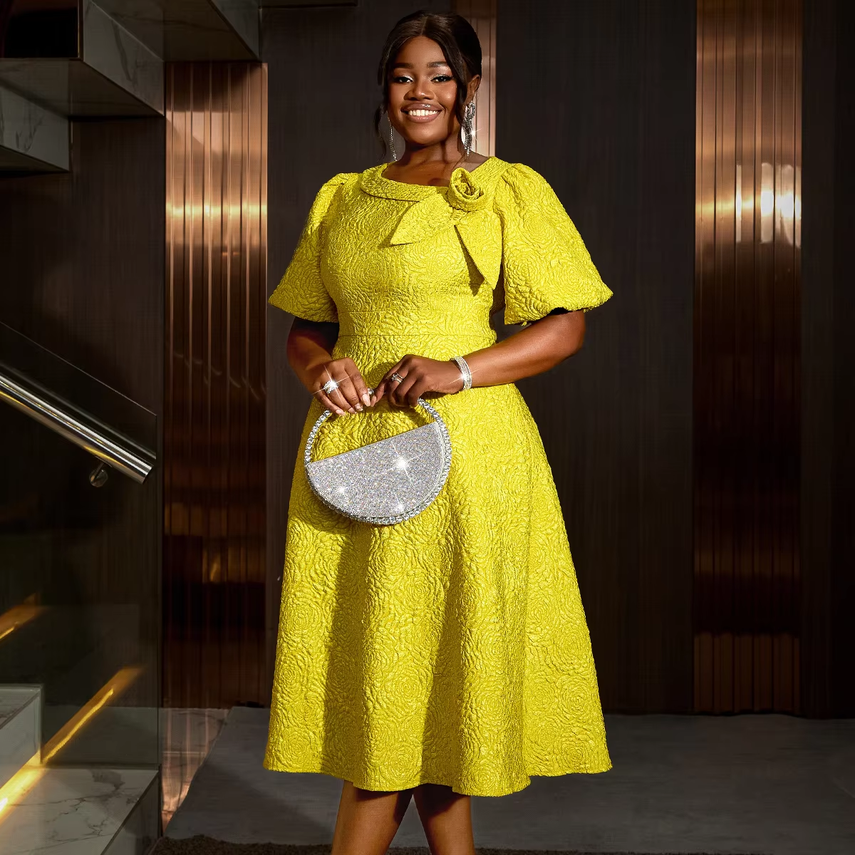 Classical Bridesmaid Dress a Line Rose Jacquard Flower Asymmetric Collar Midi Puff Sleeves Women's Daily Wear AM040856