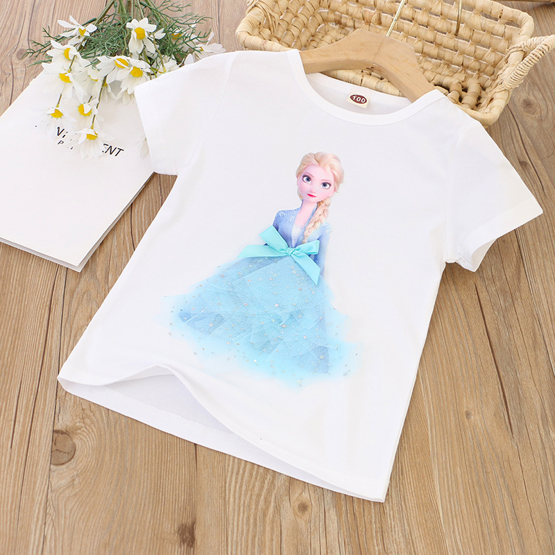 DISNEY Frozen Princess Elsa kids designer clothes toddler designer clothes Children's summer girl short-sleeved T-shirt Comfortable fabric.