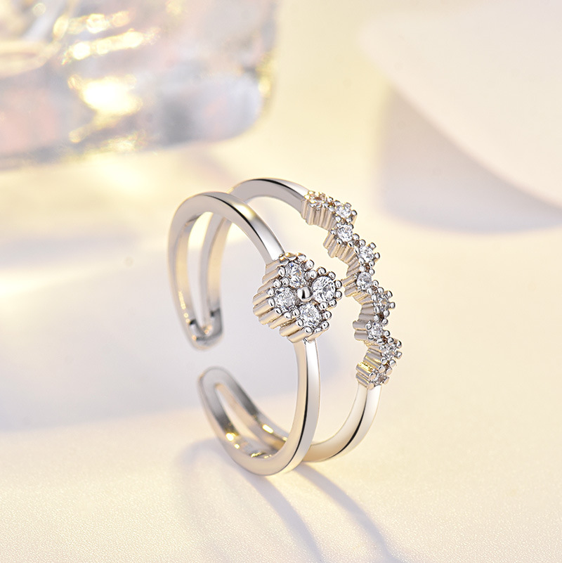 Free shipping Sweet clover designer ring for women girls s sier ic simple double row dia sparkling crystal band rings jewelry Free shipping