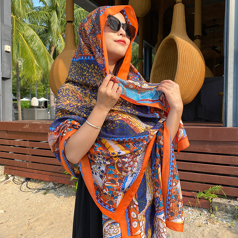 K666 Ethnic style scarf, seaside travel beach towel, printed silk scarf, sunscreen shawl, imitation silk scarf, internet celebrity neck scarf