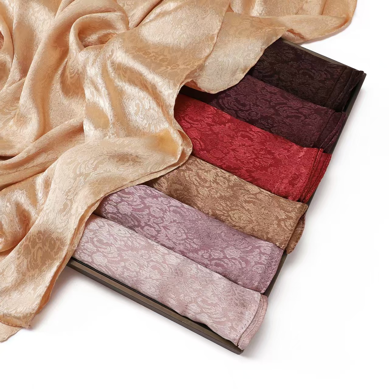 T664 new pure color satin pattern long scarf satin jacquard scarf breathable soft silk drape headband shawl