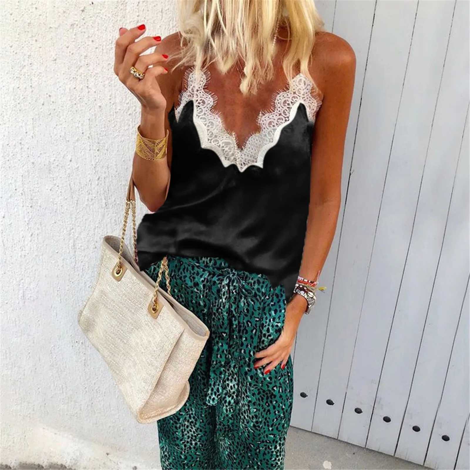 Women Lace Panel Tank Tops Summer Spaghetti Strap Ice Silk Camisole Casual Deep V Neck Satin Vests Tops Basic Crop Tops BlousesXJ250508