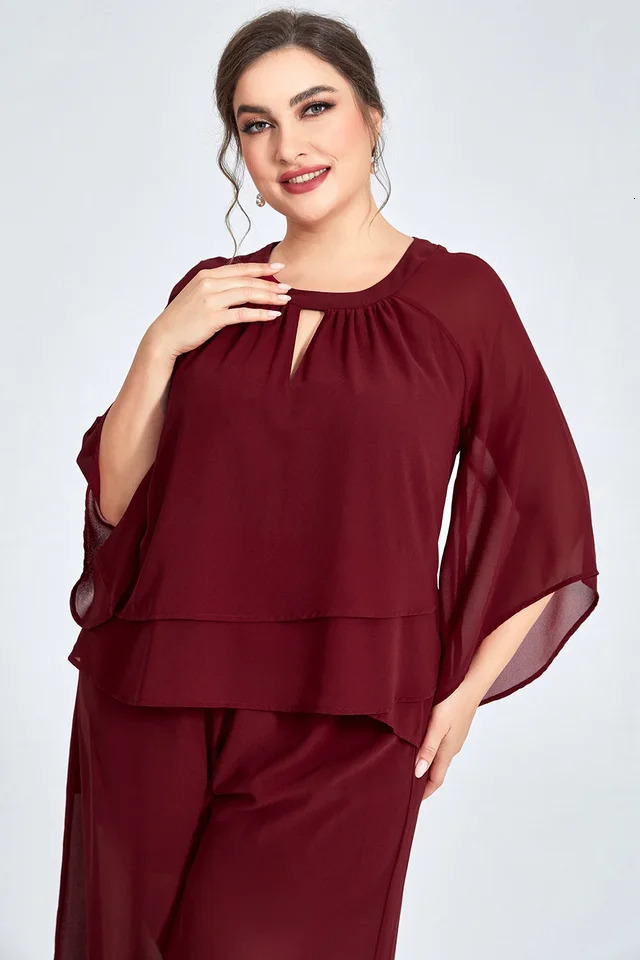 Womens plus size formal Burgundy chiffon pleated sleeve cut wide leg twopiece pants set casual office womens matching y250427