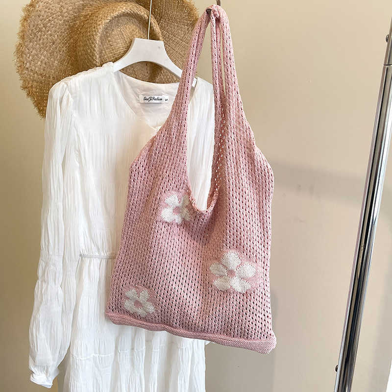Bag Japanese and Korean Ins Single Shoulder Cotton Thread Knitted Bag Handbag Flower Beach Vacation