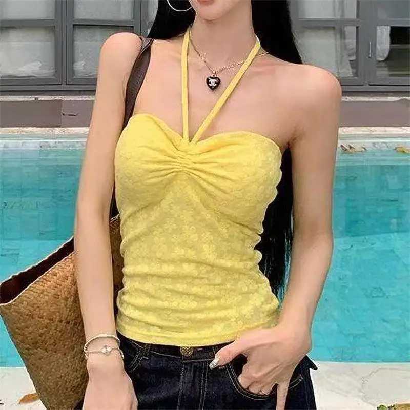 Summer beach vacation floral tube top womens lace close fitting vest sexy backless basic vest top camisole Y2k streetwearXJ250508