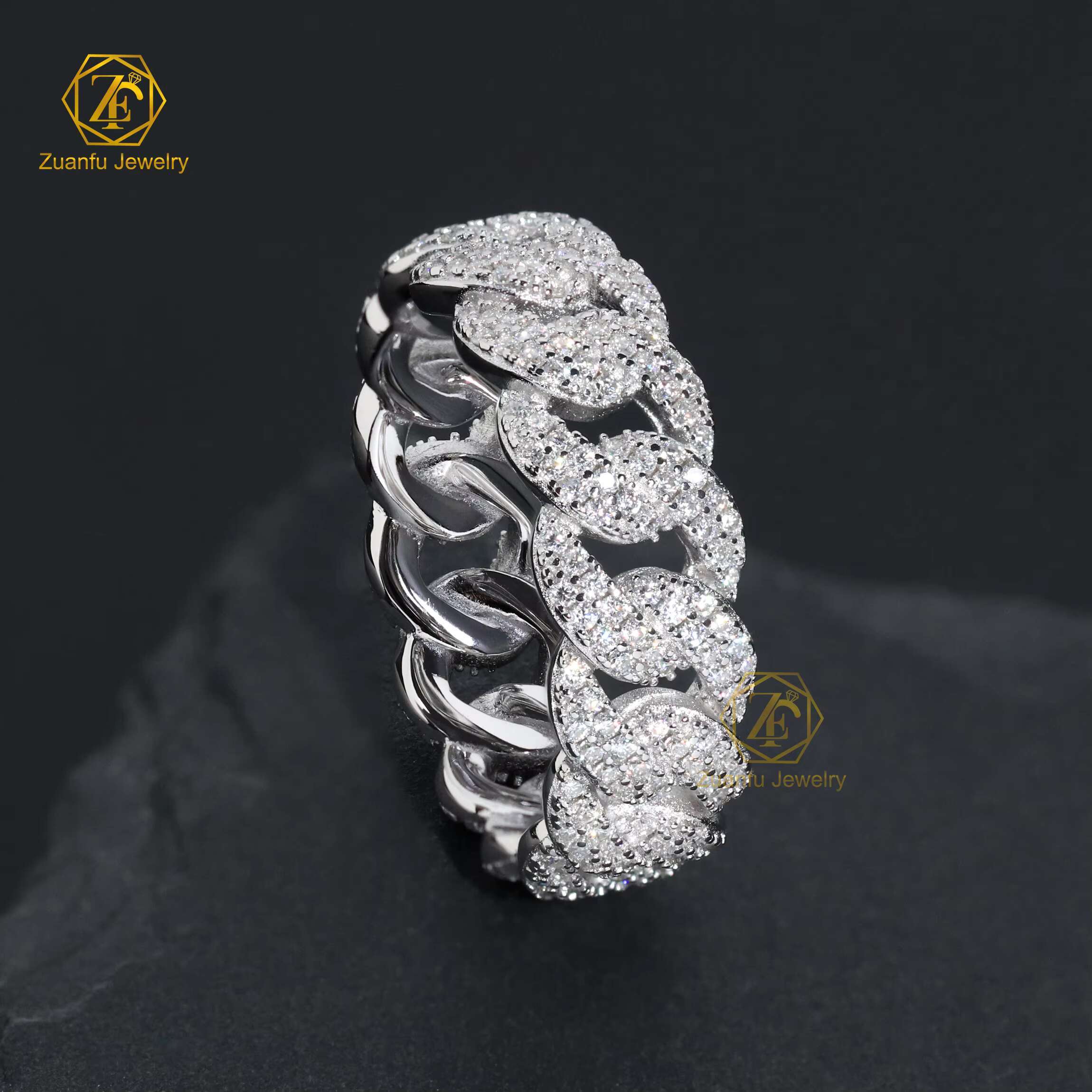 Hiphop Jewelry 2 Rows 7mm Width Cuban Link Ring 925 Silver Moissanite Diamond Ice Out Rapper Men Ring