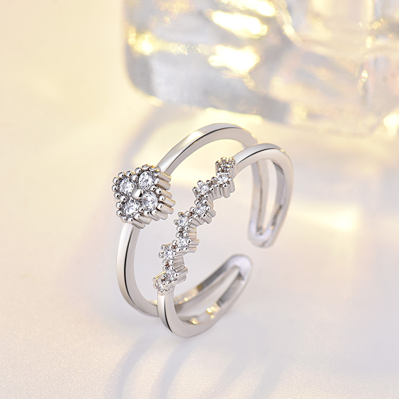 Free shipping Sweet clover designer ring for women girls s sier ic simple double row dia sparkling crystal band rings jewelry Free shipping