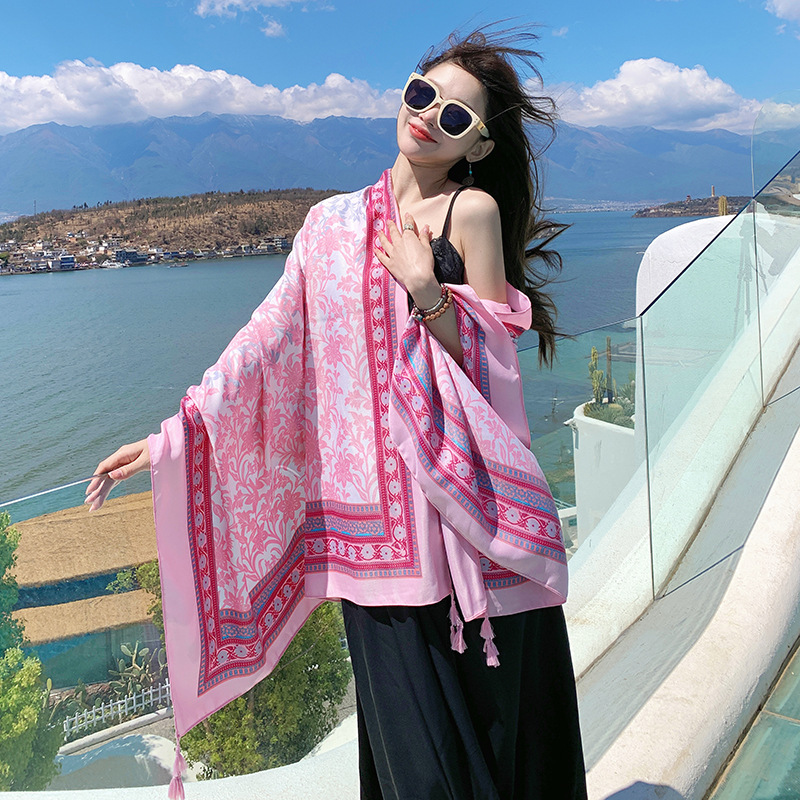 K668 Cross-border summer ethnic style shawl outerwear beach towel women 2024 new travel sunscreen silk scarf tassel long scarf
