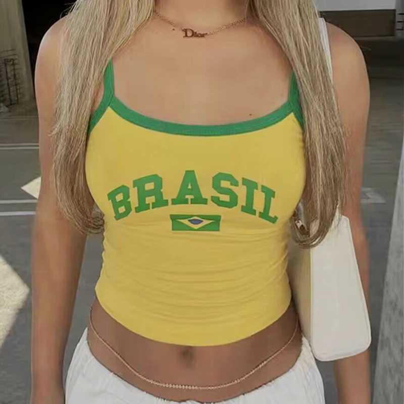 Brasil Letter Graphic Print Summer Camisole Womens Crop Top Womens Camis Sexy Korean New Yellow Tank Top Sleeveless Tank TopXJ250508