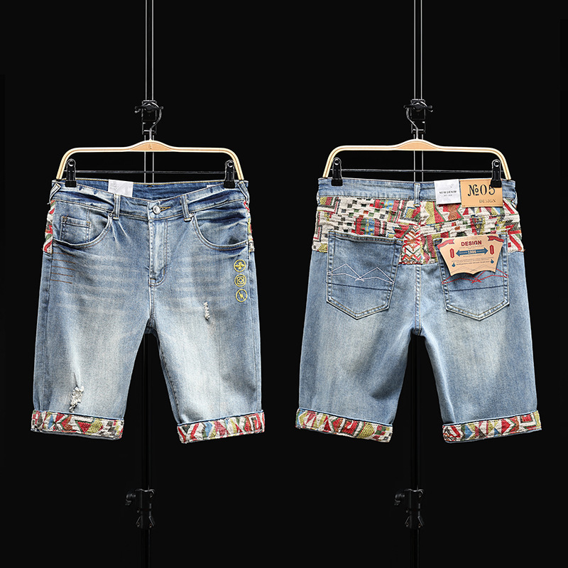 The 2025 New Design Style Of Jeans Features A Unique Patchwork And Color-blocking Look For A Handsome Five-inch Pants And Short Medium-length Pants