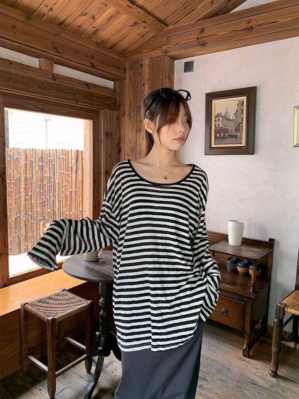 HM145 Summer Korean style loose lazy style striped t-shirt female sunscreen blouse top female