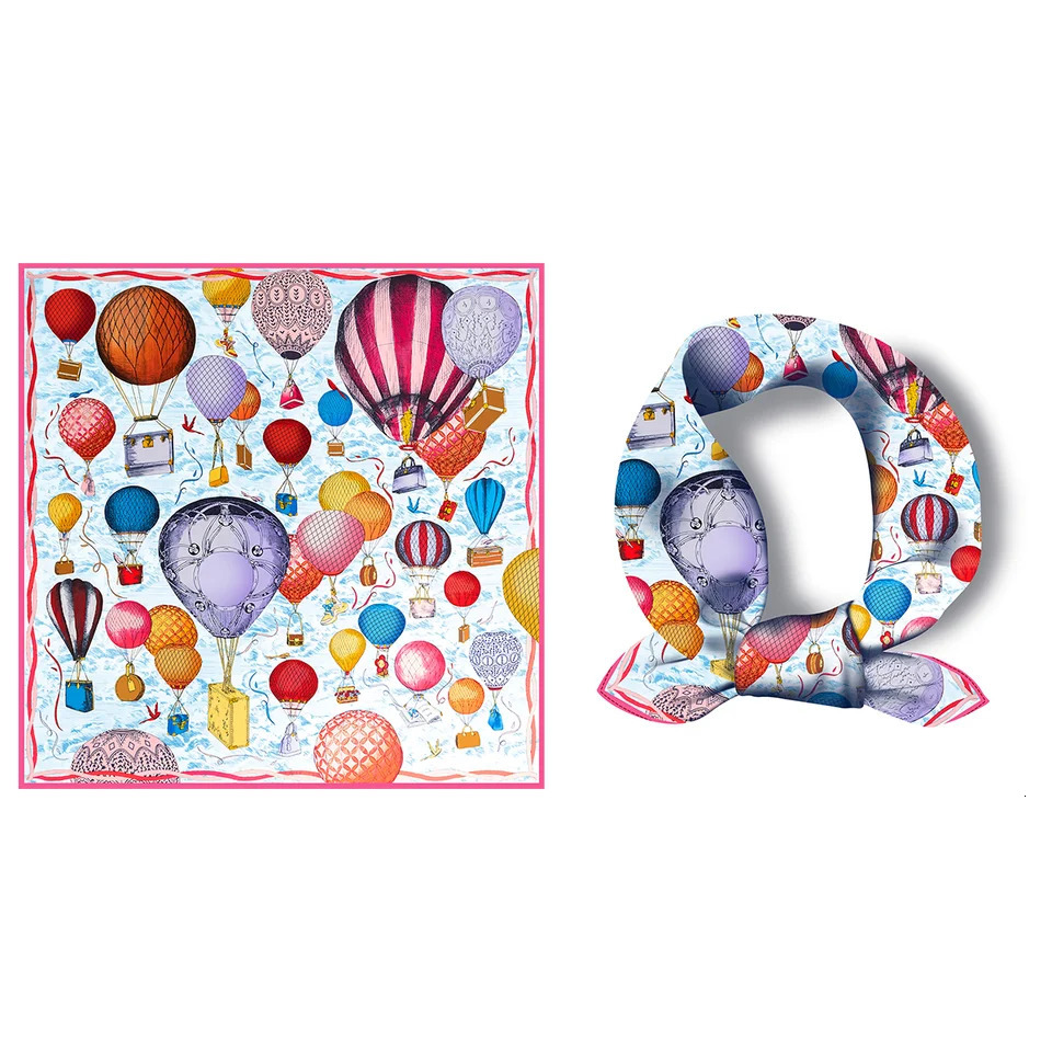 53CM Air Ballon Painting Women Scarves 100% Twill Silk Square Scarves Fashion Neckerchief Shawls Hijab Scarf 250509