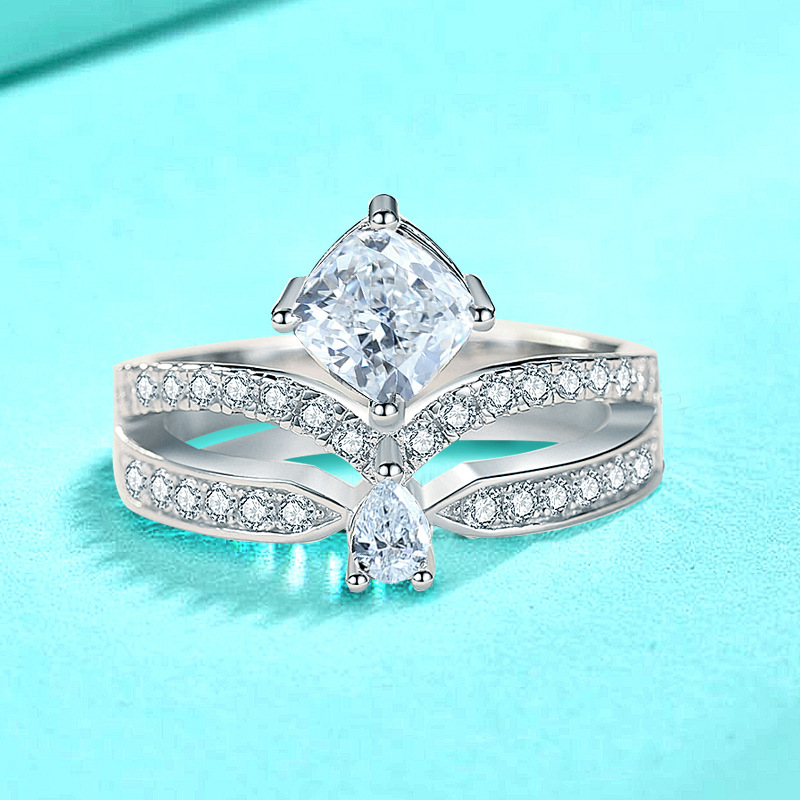 925 Sterling Silver Princess Crown Ring for Women, Lightweight Luxury Style, Non-Tarnish Teardrop and Square Cut Diamond Ring, Direct from Manufacture