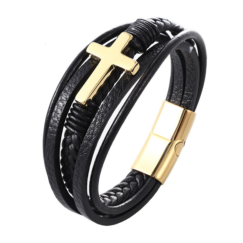 Xinghe Weaving Handmade Leather Magnetic Buckle Stainless Cross Bracelet Men's Titanium Steel Jewelry New Product