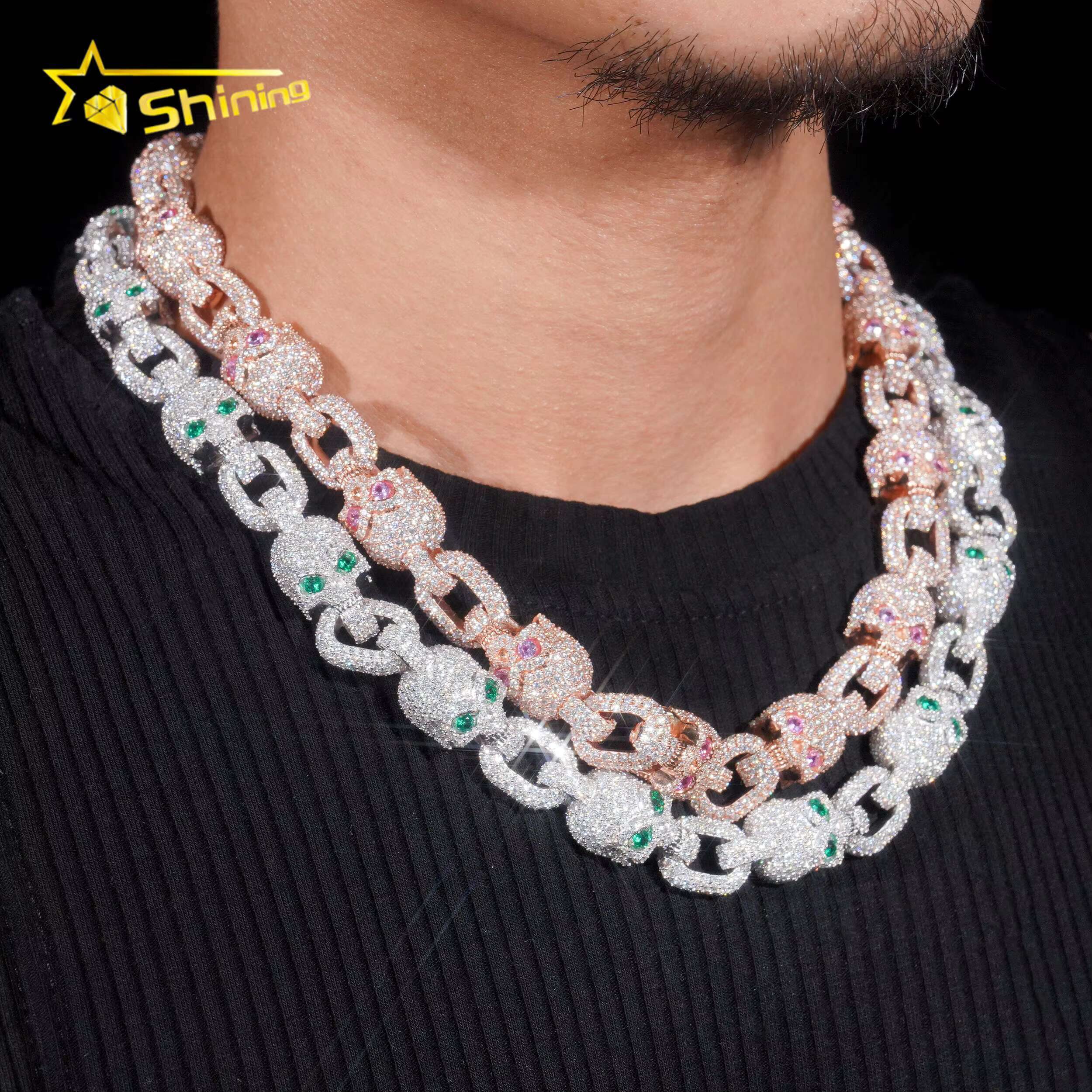 Bling Hip Hop Jewelry 15mm Solid 925 Sterling Silver Gold Plated GRA VVS Custom Made Skull Iced Out Moissanite Cuban Link Chain