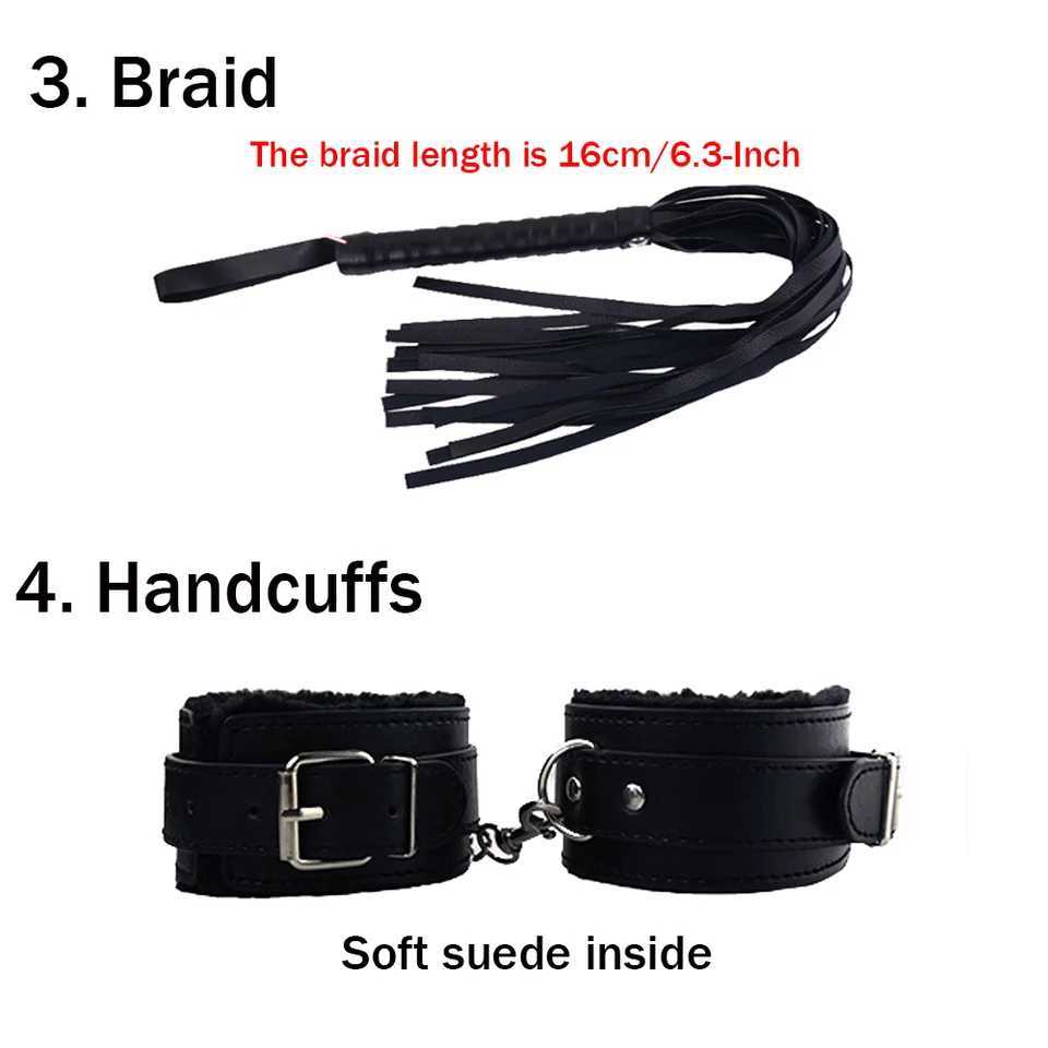 BDSM Bondage Restraint Kit 10 Pieces Leather Handcuffs Ankle Cuffs Collar Whip Ball Gag Blindfold Nipple Clamps Rope for Couples W250509