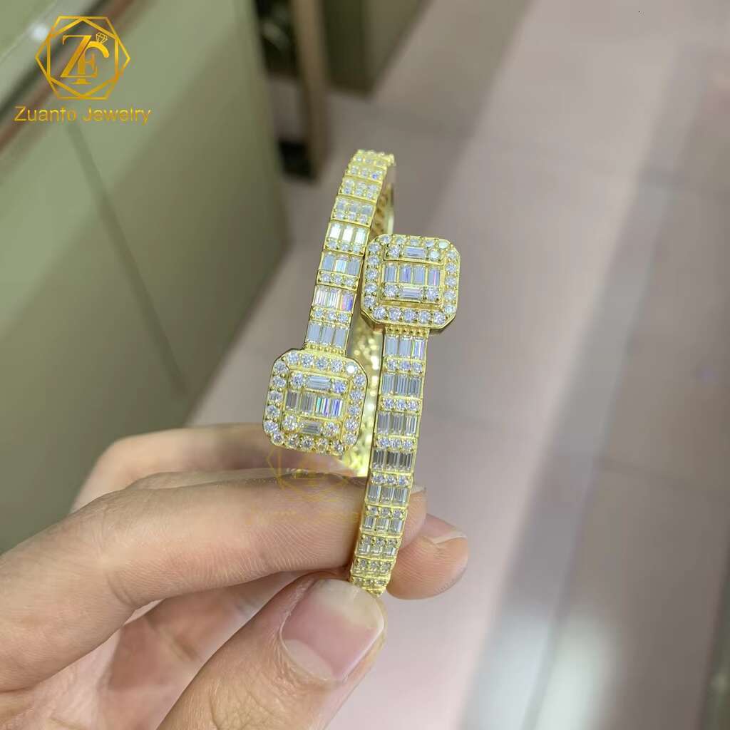 Fine Jewelry 925 Sterling Silver Iced Out VVS Baguette Moissanite Bracelet T Square Diamond Cuban Link Bangles for Women Men