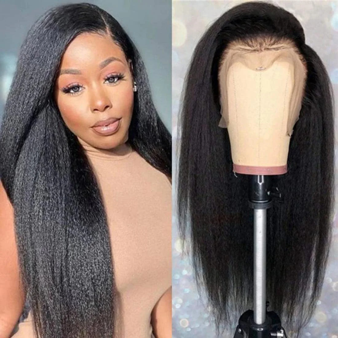 Yaki 2024 Kinky Hair Human 280% Density Straight Pre Plucked For Woman 1B Natural Black Color 13X4 HD Lace Front Wig Hairline Glueless 280%