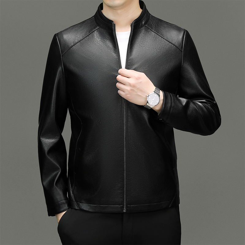 Waterproof Leather Business Jacket for Men - Stand-Up Collar & Easy-Clean Fabric 8555