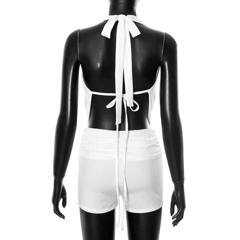 Sexy Elegant 2 Piece Set Halter Backless Bandage Swing Collar Tank Tops+Shorts Matching Streetwear Tight Stretch Suit