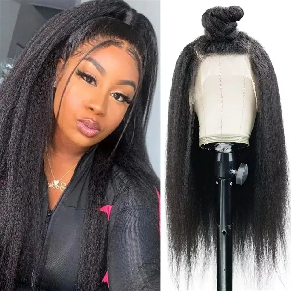Yaki 2024 Kinky Hair Human 280% Density Straight Pre Plucked For Woman 1B Natural Black Color 13X4 HD Lace Front Wig Hairline Glueless 280%