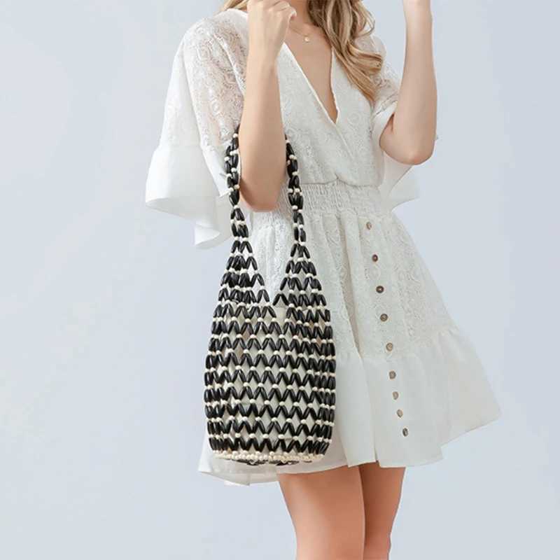 Wooden Bead Woven Bag New Design Womens Hollow Beaded Seaside Travel Versatile Hand-held Shoulder Underarm Bucket Bag Z250512