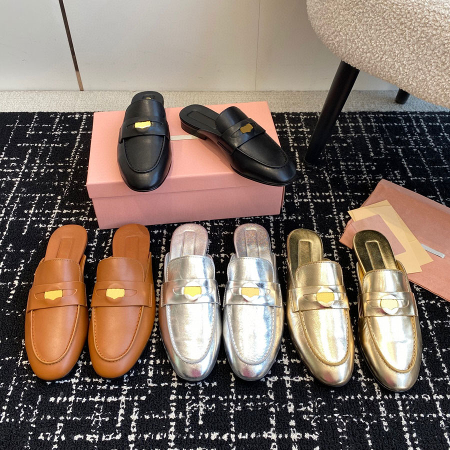 Top quality Designer shoe Classic 100% leather mule slipper sandal Beach Flat slide Luxury fashion mules slides for woman gold silver black brown Large size 35-45