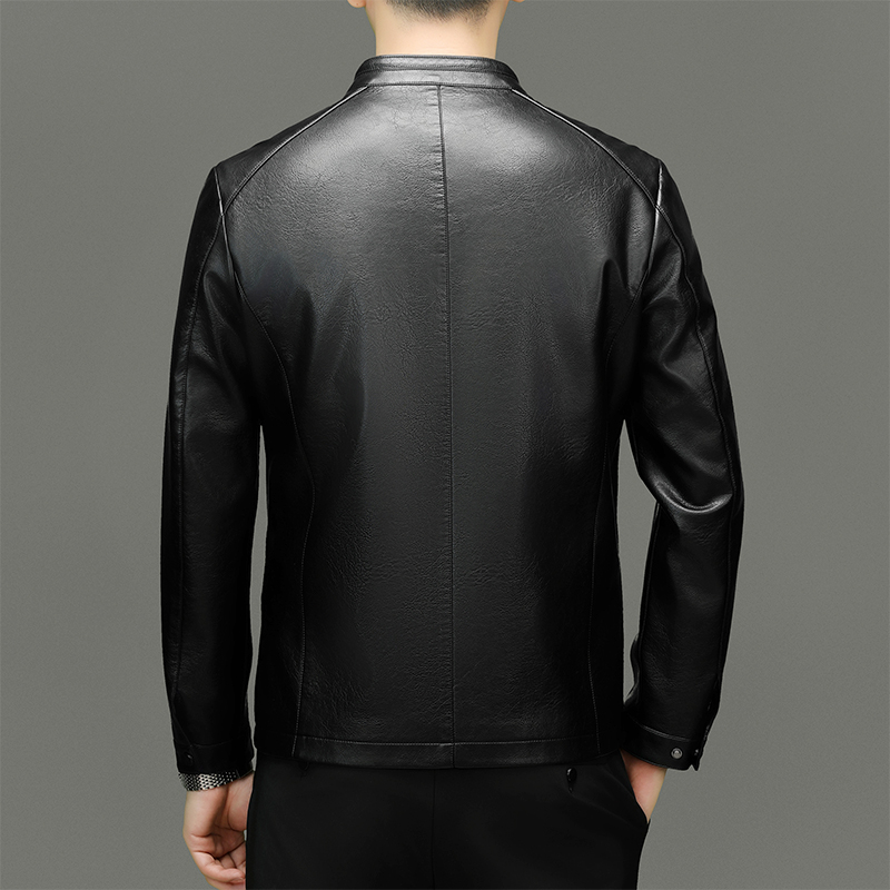Waterproof Leather Business Jacket for Men - Stand-Up Collar & Easy-Clean Fabric 8555
