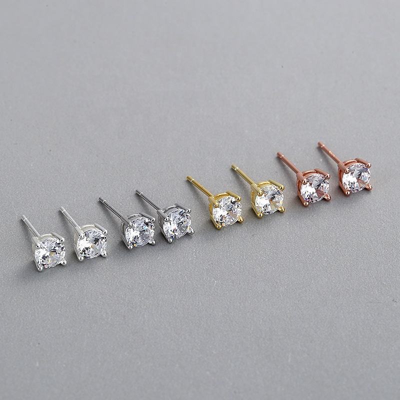 925 Sterling Silver CZ Stud Earrings for Women Classic 4-Prong Round Cut Hypoallergenic Ear Piercing Jewelry Wholesale Gift