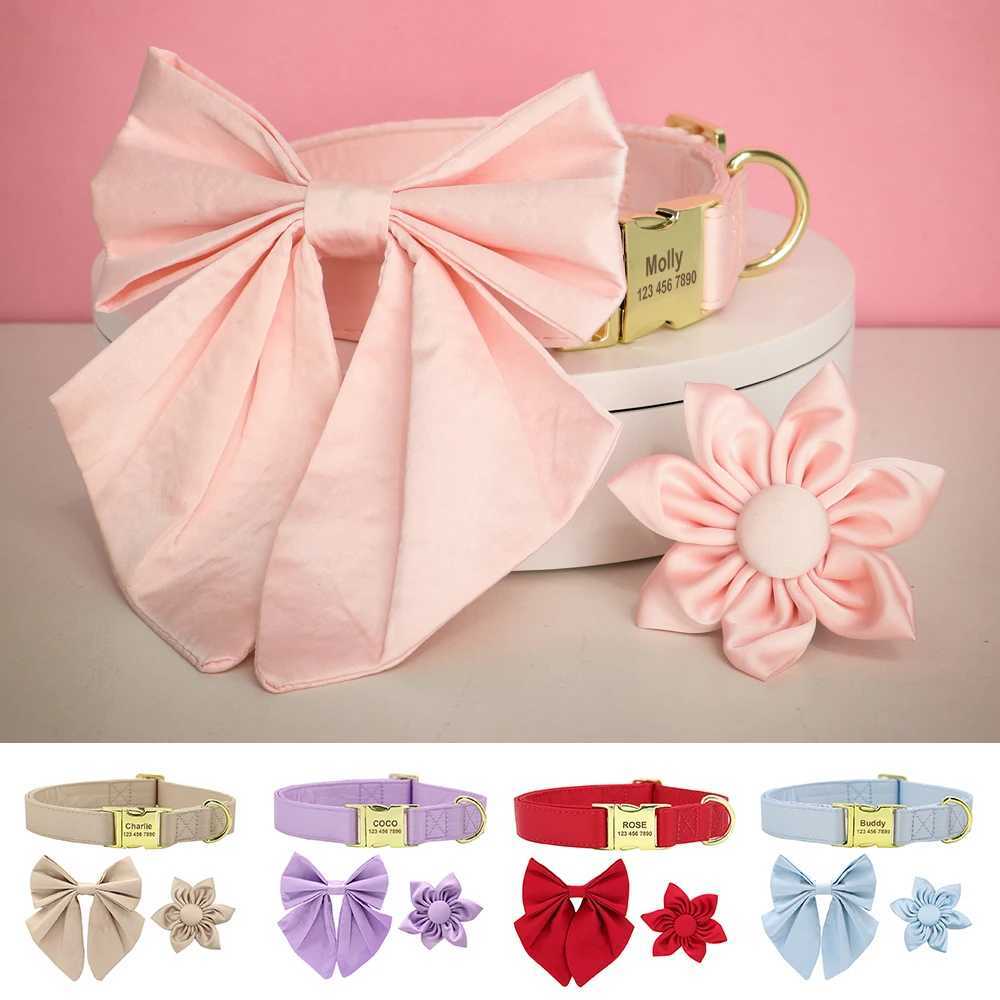 Customized Silk Dog Collar Soft Bow Tie Pet Collars Flower Bowknot Puppy Collar Personalized ID Name For Small Medium Large DogsXJ241219