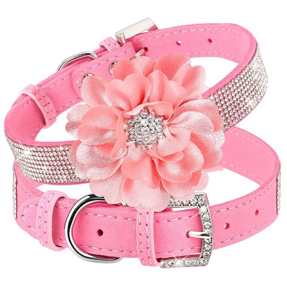 Pink Collar For Dog Bling Rhinestone Pet Collars Glitter Rhinestone Puppy Cat Necklace With Flower Fashion Crystal ChihuahuaXJ241219