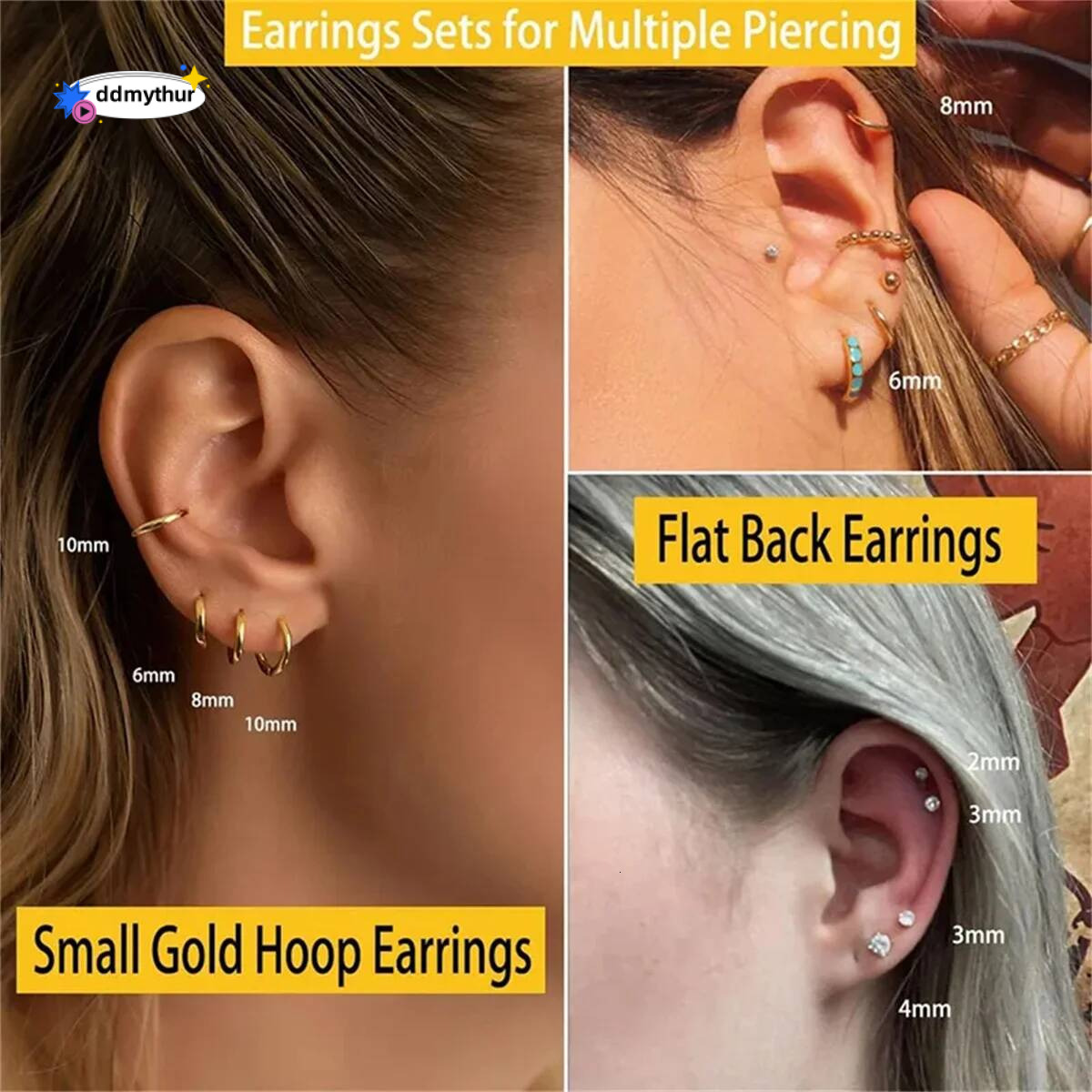 3/5/6/10pcs Hypoallergenic Stainless Steel Flat Stud Cartilage Earrings,Cubic Zerconia Daith Tragus Rook Screw Back Earings ddmythur