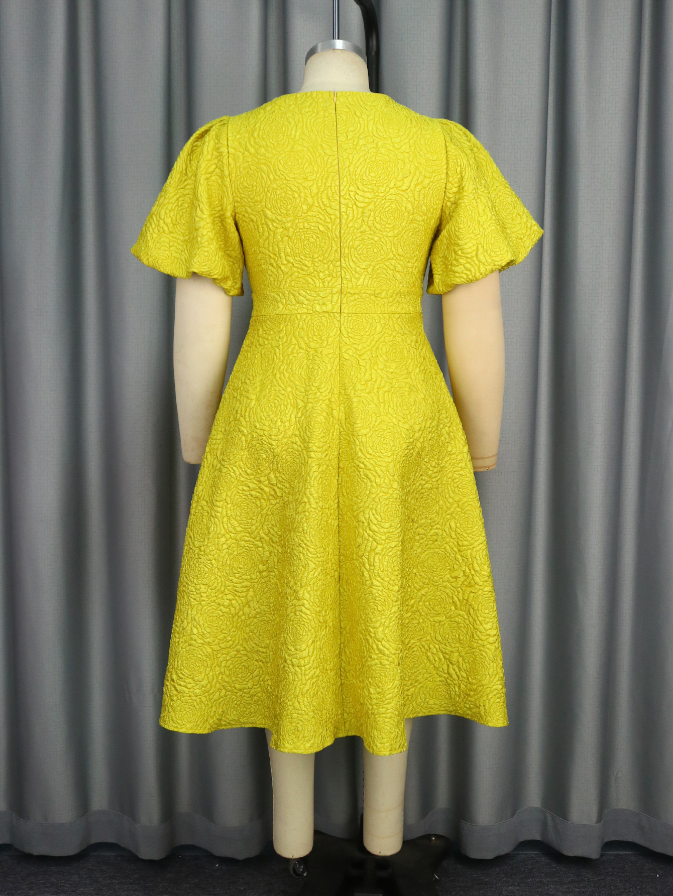 Classical Bridesmaid Dress a Line Rose Jacquard Flower Asymmetric Collar Midi Puff Sleeves Women's Daily Wear AM040856