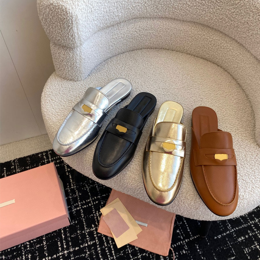 Designer shoe top quality Classic 100% leather mule slipper sandal Beach Flat slide Luxury fashion mules slides for woman Large size 35-45 Metal silver black brown