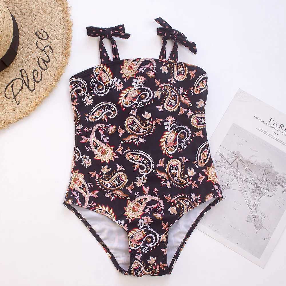 7~14Years teen Girls Swimsuit One-Piece Retro printed Girls Swimwear Kid girls Swimming outfit Beach wear W250510