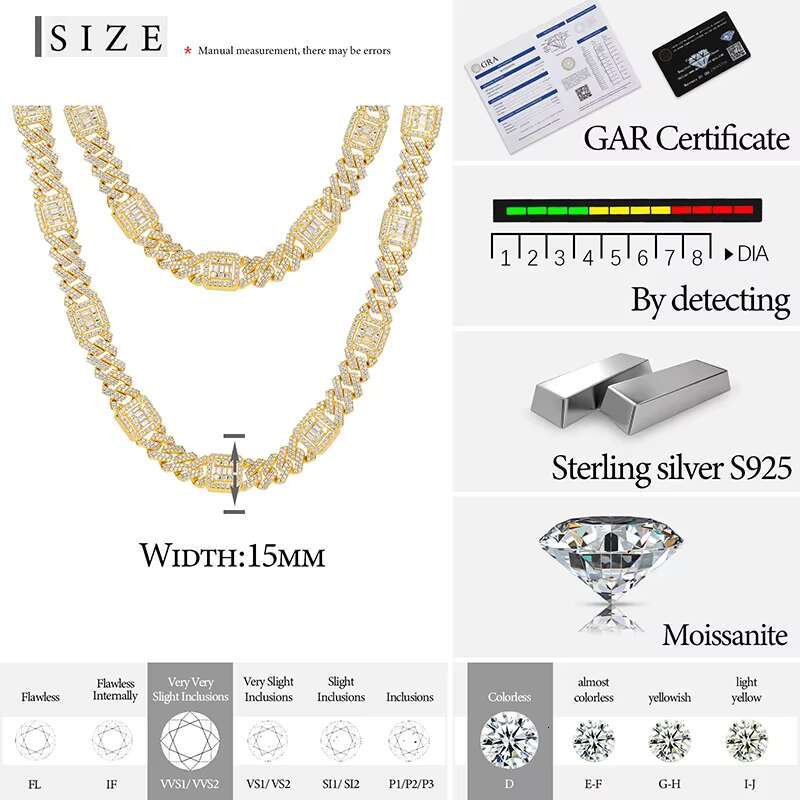 Luxury Fine Jewelry Hip Hop Iced Out VVS Moissanite Diamond Chain IGI Certified 14k Solid Gold Cuban Chain Link for Men