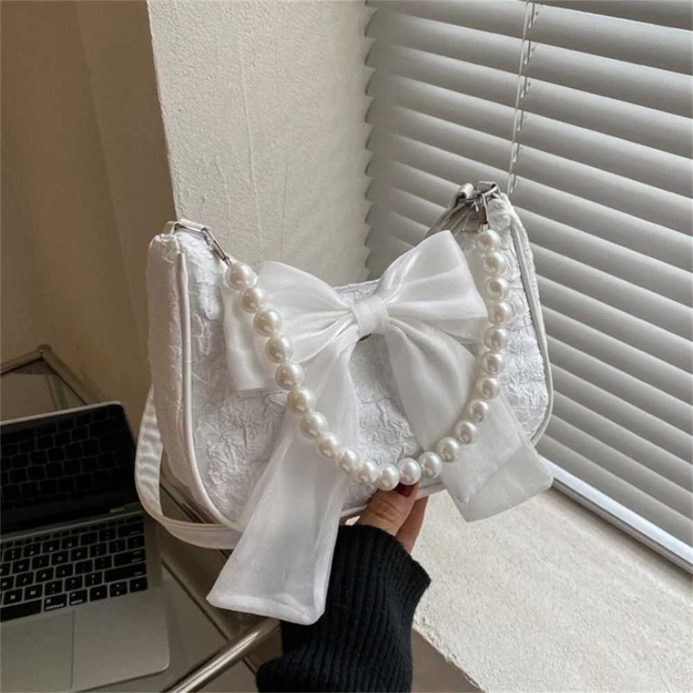 Pearl Bow Handbag Fashion Canvas Crossbody Bags For Women 2024 Trend Shoulder Bag Phone Key Coin Storage Purses Z250512