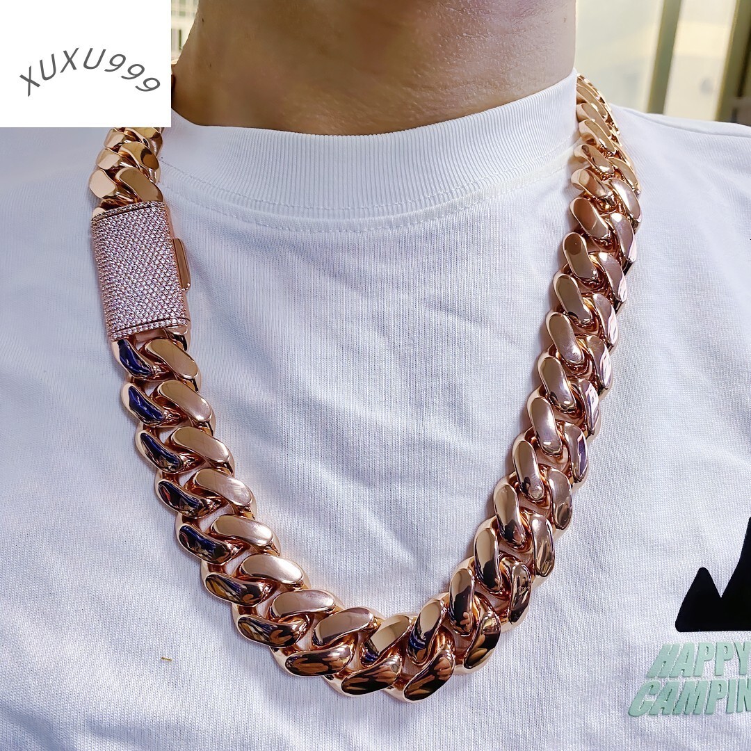 Rose Gold Plated Miami Cuban Link Chain Solid Brass Hip Hop Necklace for Men Women Bold Streetwear Jewelry Cadenas De Oro Rosa